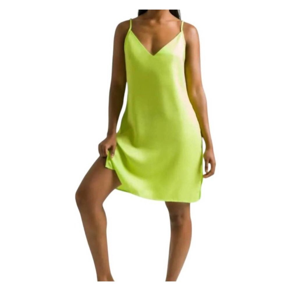 NWOT Ettitude Slip Dress Lime Green Silky Sateen Bamboo Side Slits Size XS‎